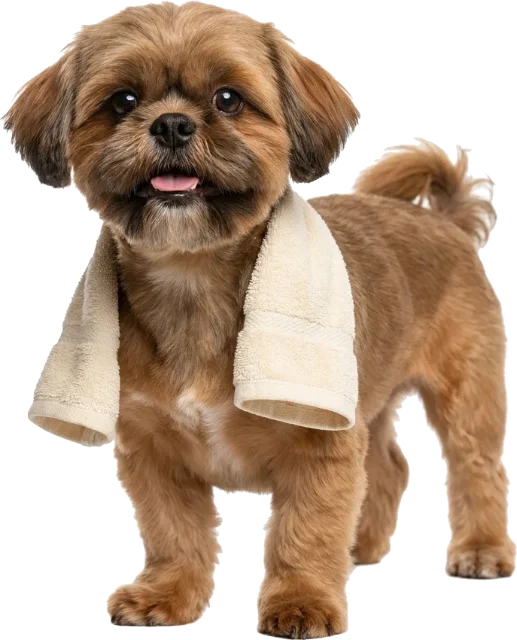 Shih-tzu recém-tosado com toalha