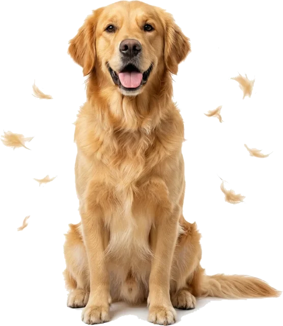 Golden retriever com pelos soltos no ar